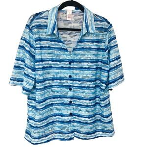 Drapers & Damons Womens Burnout Blouse Top Beachy Coastal Abstract Striped 1X